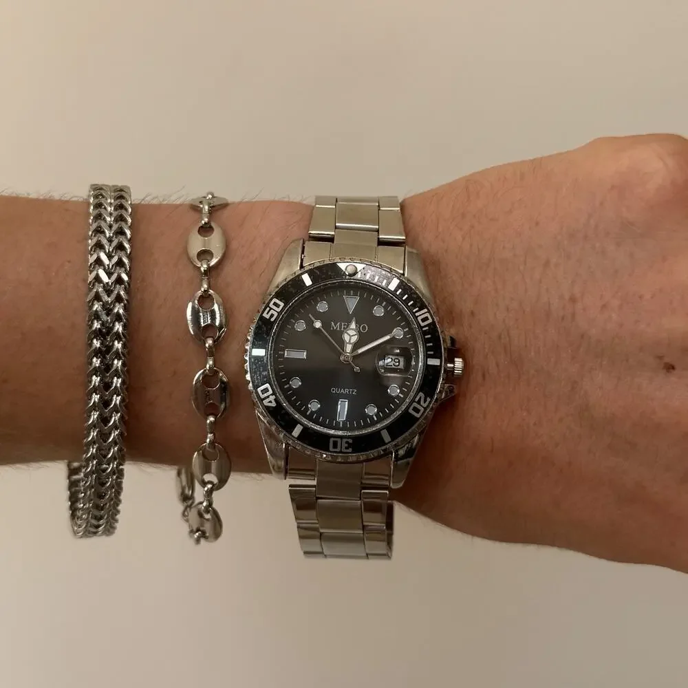 Y2K Silver Black Diver Style Quartz Watch with Date Unisex 8.5" New - Picture 4 of 5